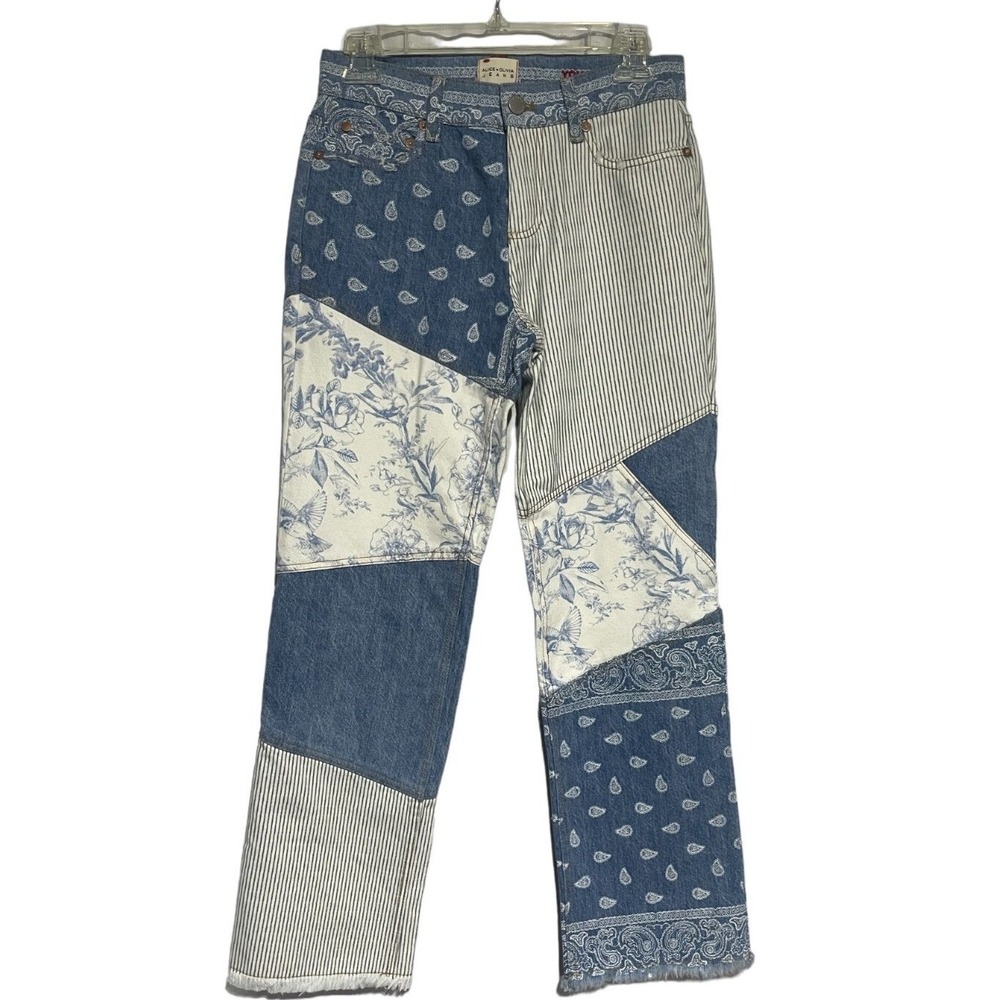Alice + Olivia Patchwork Jeans Floral Paisley Stripe Straight Leg Denim Size 25
